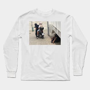 Watching the scooter go while playing guitar, hiding from the sun Long Sleeve T-Shirt